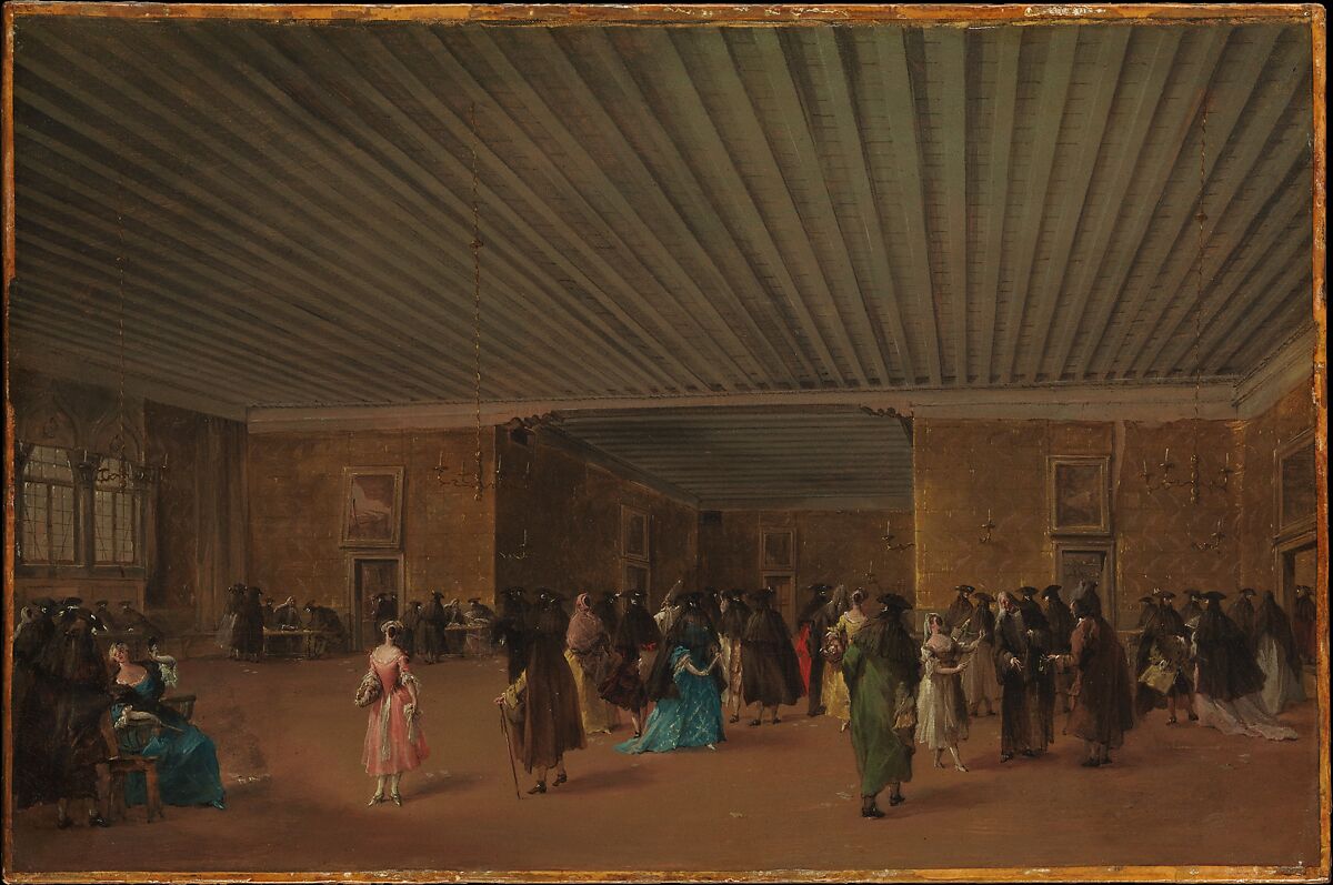 Guardi’s Ridotto interior, with a high beamed ceiling and groups of masked figures in dark and colourful clothing.